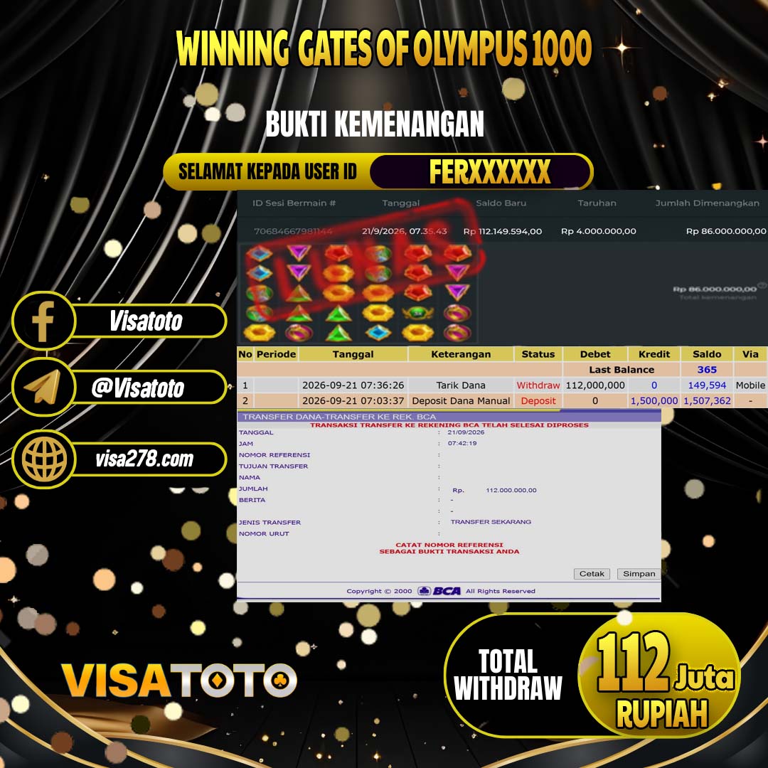 VISATOTO JACKPOT SLOT GATES OF OLYMPUS 1000 RP.112.000.000, - LUNAS  USER  ID  FER****