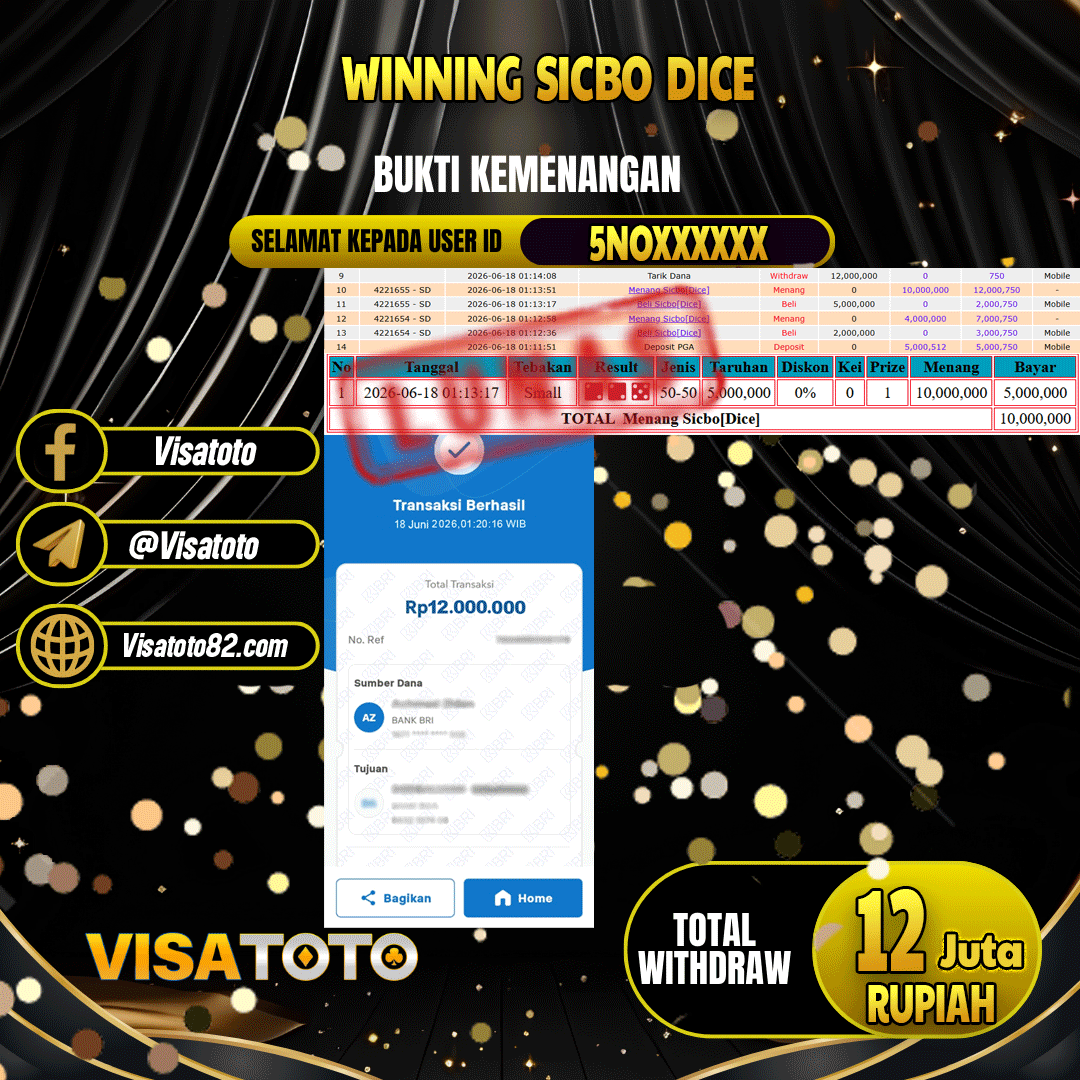 VISATOTO JACKPOT LIVE GAMES SICBO DICE RP.12.000.000,- LUNAS USER ID 5NO***