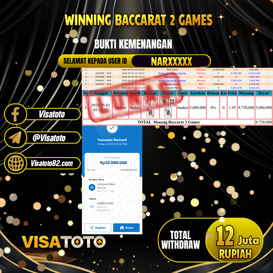 VISATOTO JACKPOT LIVE GAMES BACCARAT 2 GAMES RP.12.000.000,- LUNAS USER ID NAR***