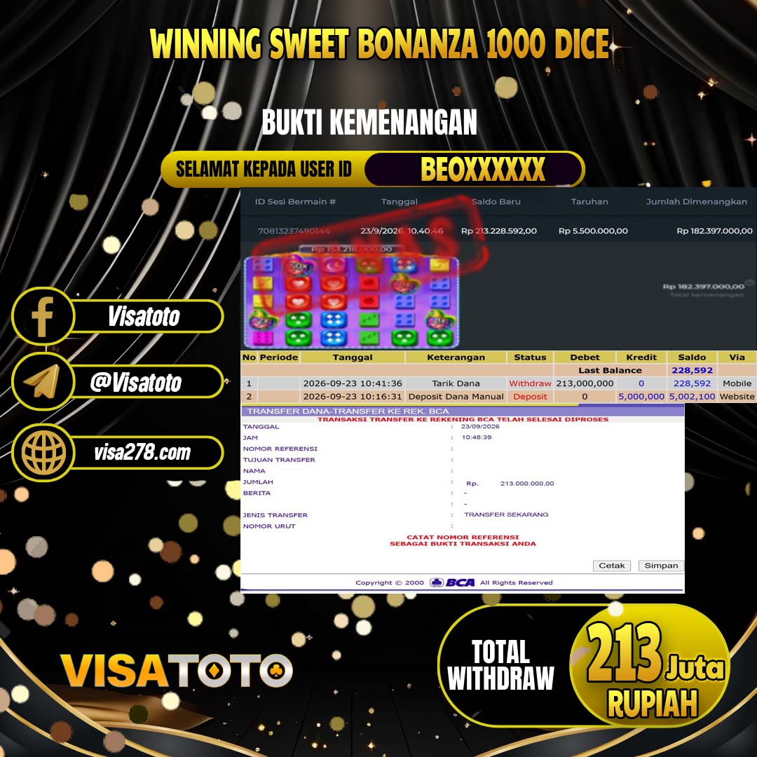 VISATOTO JACKPOT SLOT SWEET BONANZA 1000 DICE RP.213.000.000, - LUNAS  USER  ID  BEO****