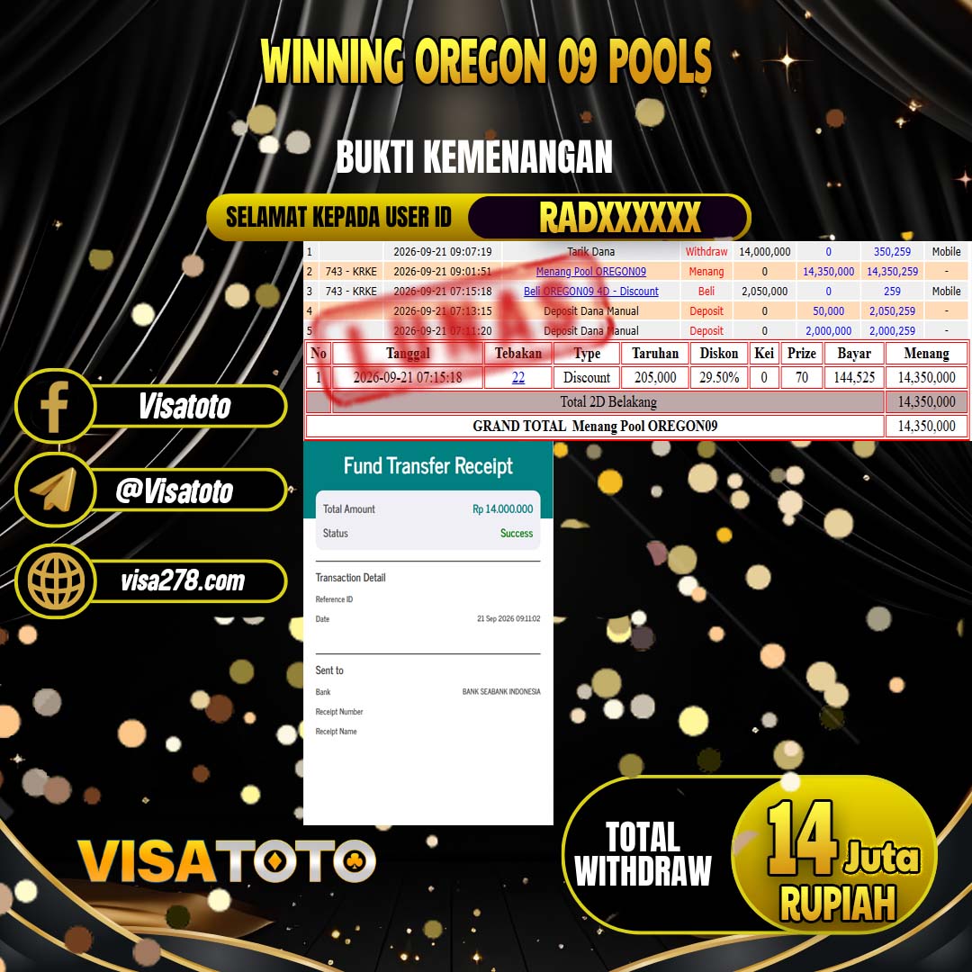 VISATOTO JACKPOT TOGEL OREGON 09 RP.14.000.000, - LUNAS  USER  ID  RAD****