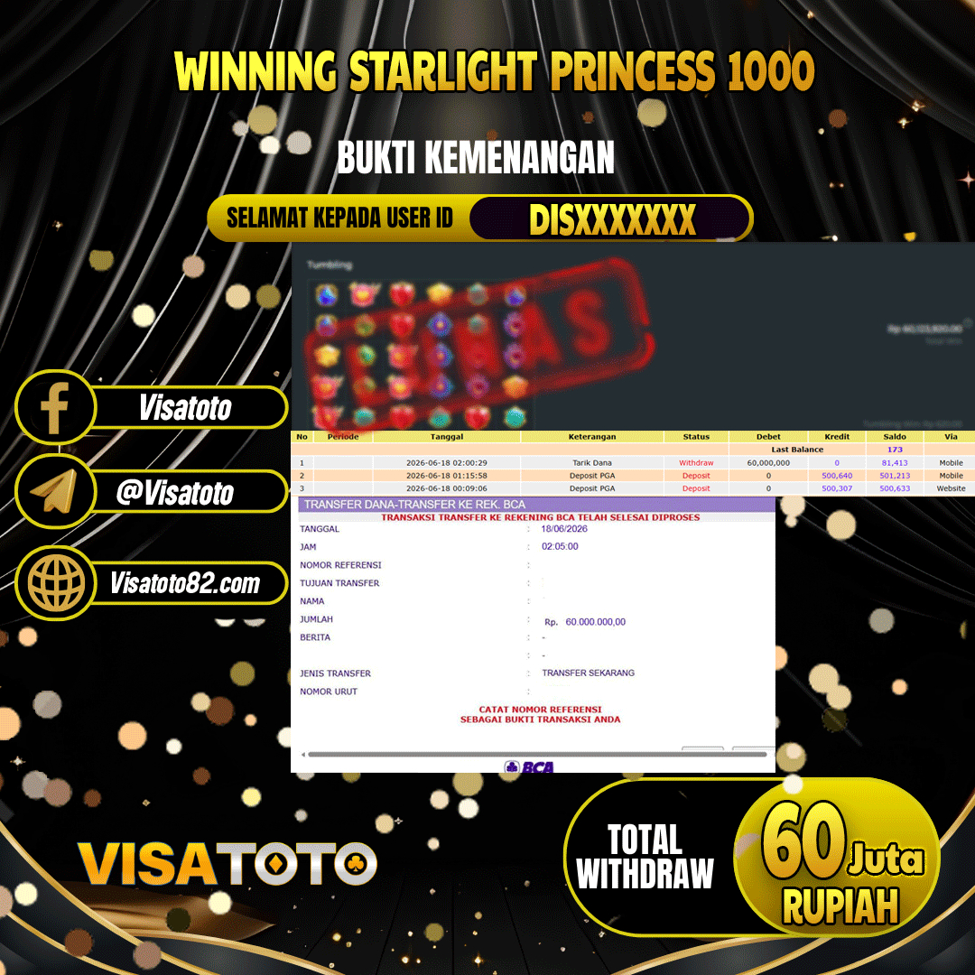 VISATOTO JACKPOT SLOT STARLIGHT PRINCESS 1000 RP.60.000.000,- LUNAS USER ID DIS***