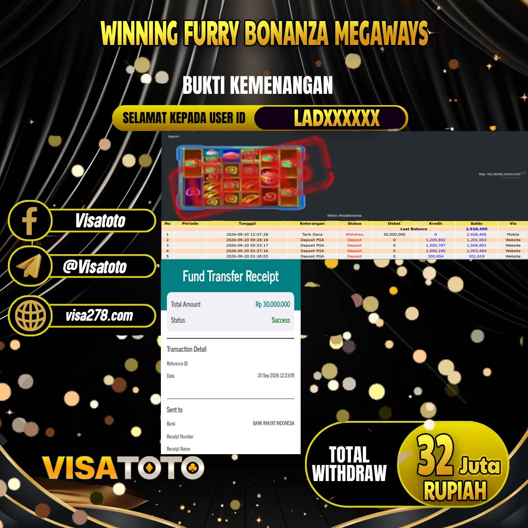 VISATOTO JACKPOT SLOT FURRY BONANZA MEGAWAYS RP.32.000.000, - LUNAS USER  ID  LAD****