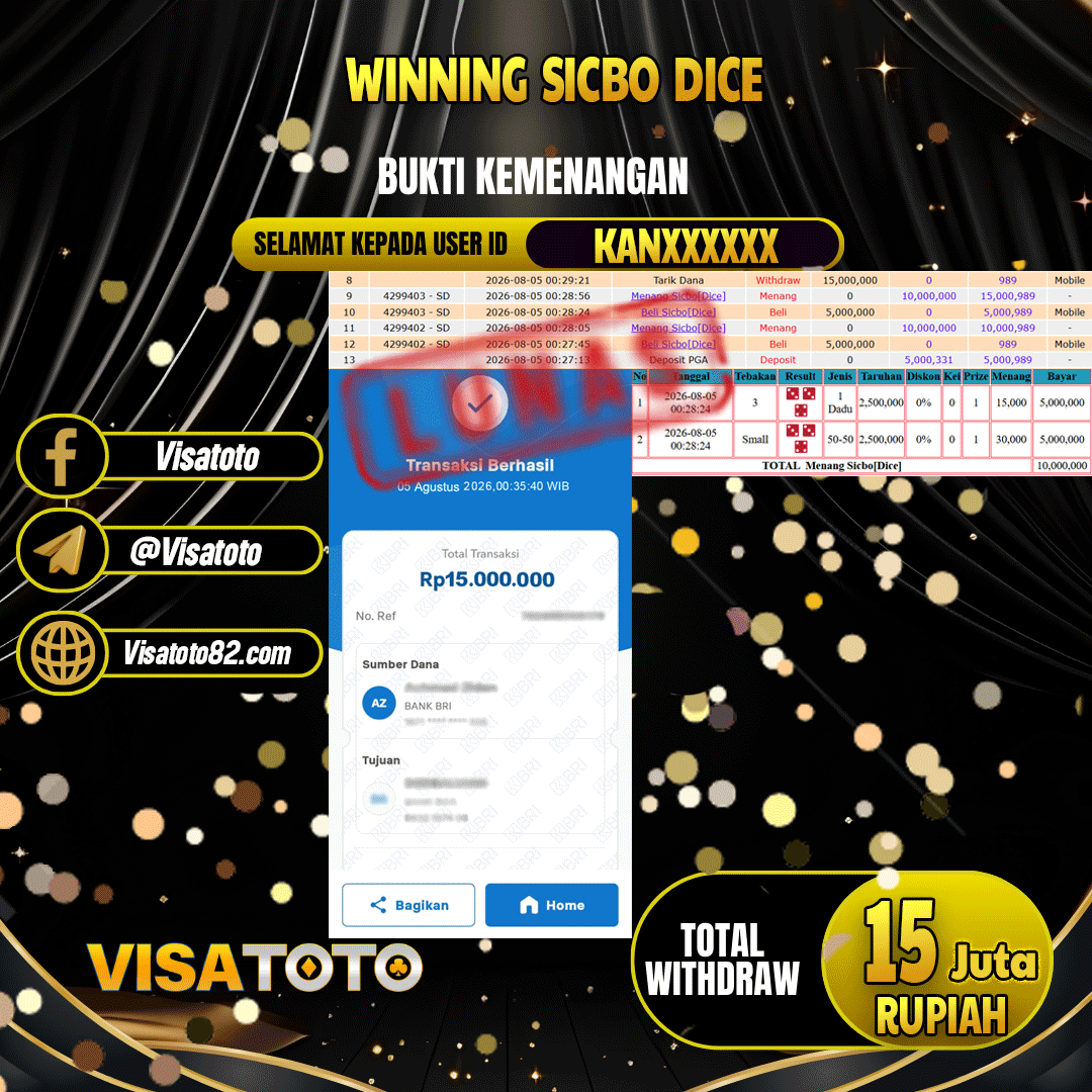 VISATOTO  JACKPOT LIVE GAMES SICBO DICE RP.15.000.000, - LUNAS USER  ID KAN***
