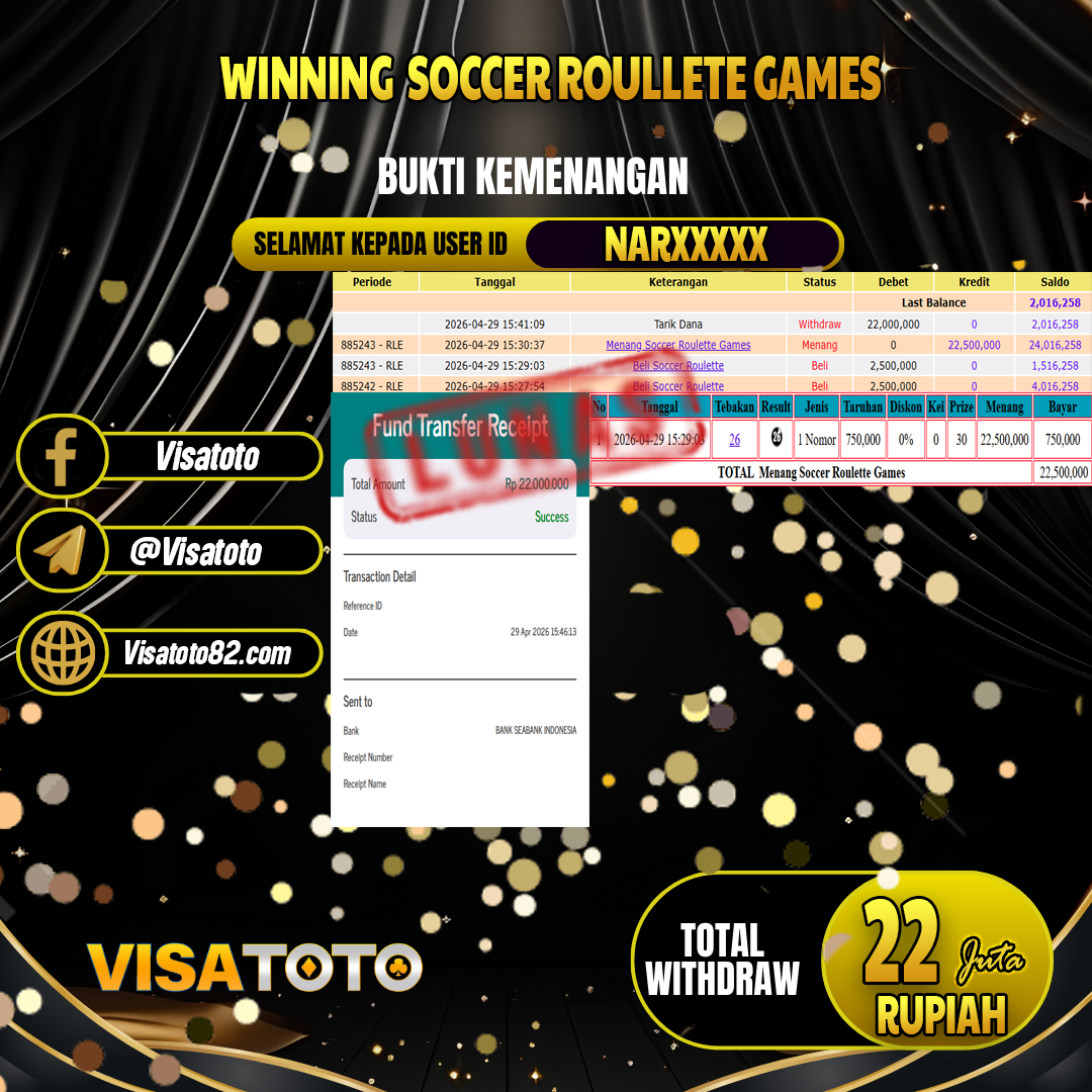 VISATOTO JACKPOT LIVE GAMES SOCCER ROULLETE GAMES RP.22.000.000,- LUNAS USER ID  NAR***