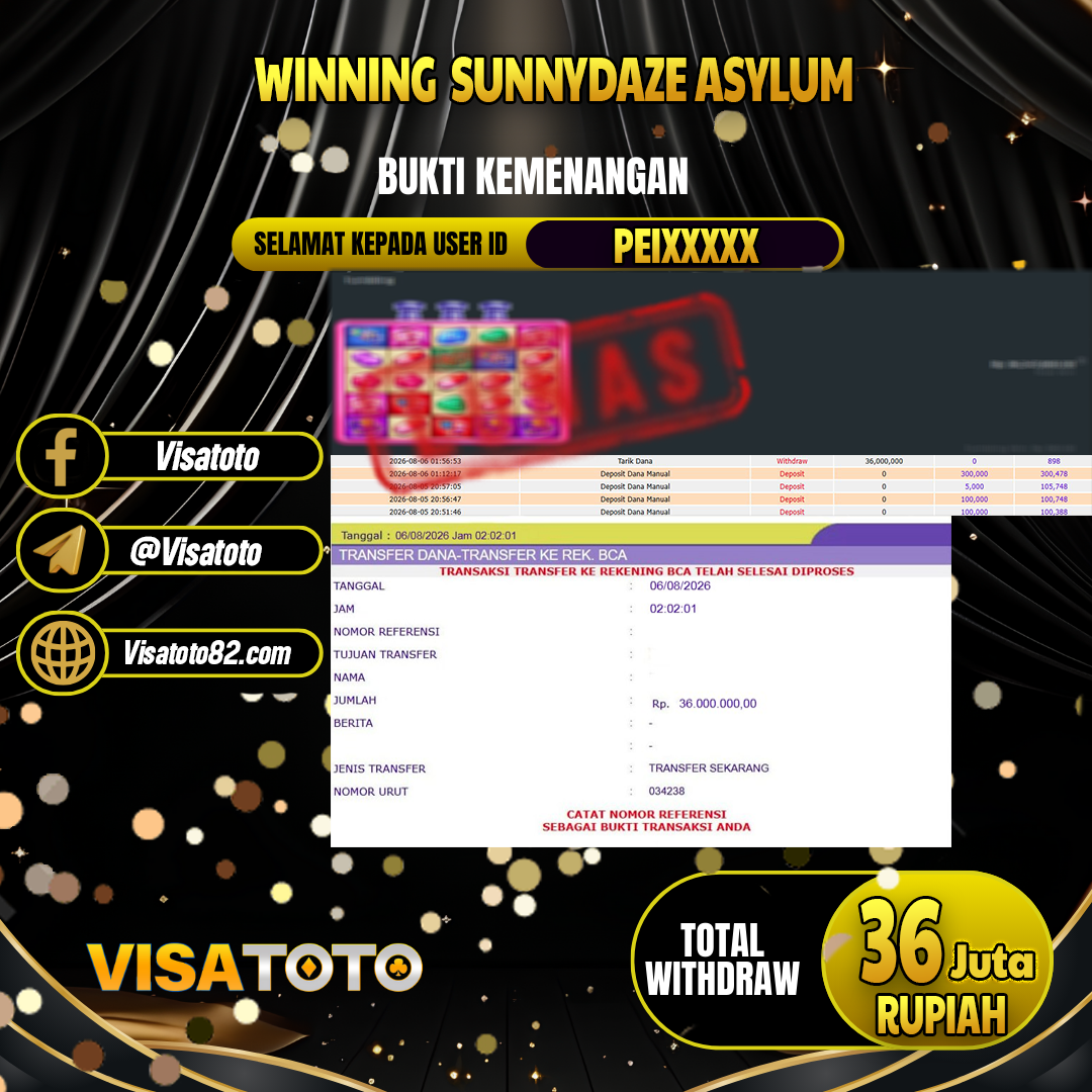 VISATOTO  JACKPOT SLOT SUNNYDAZE ASYLUM RP.36.000.000, - LUNAS USER  ID PEI***