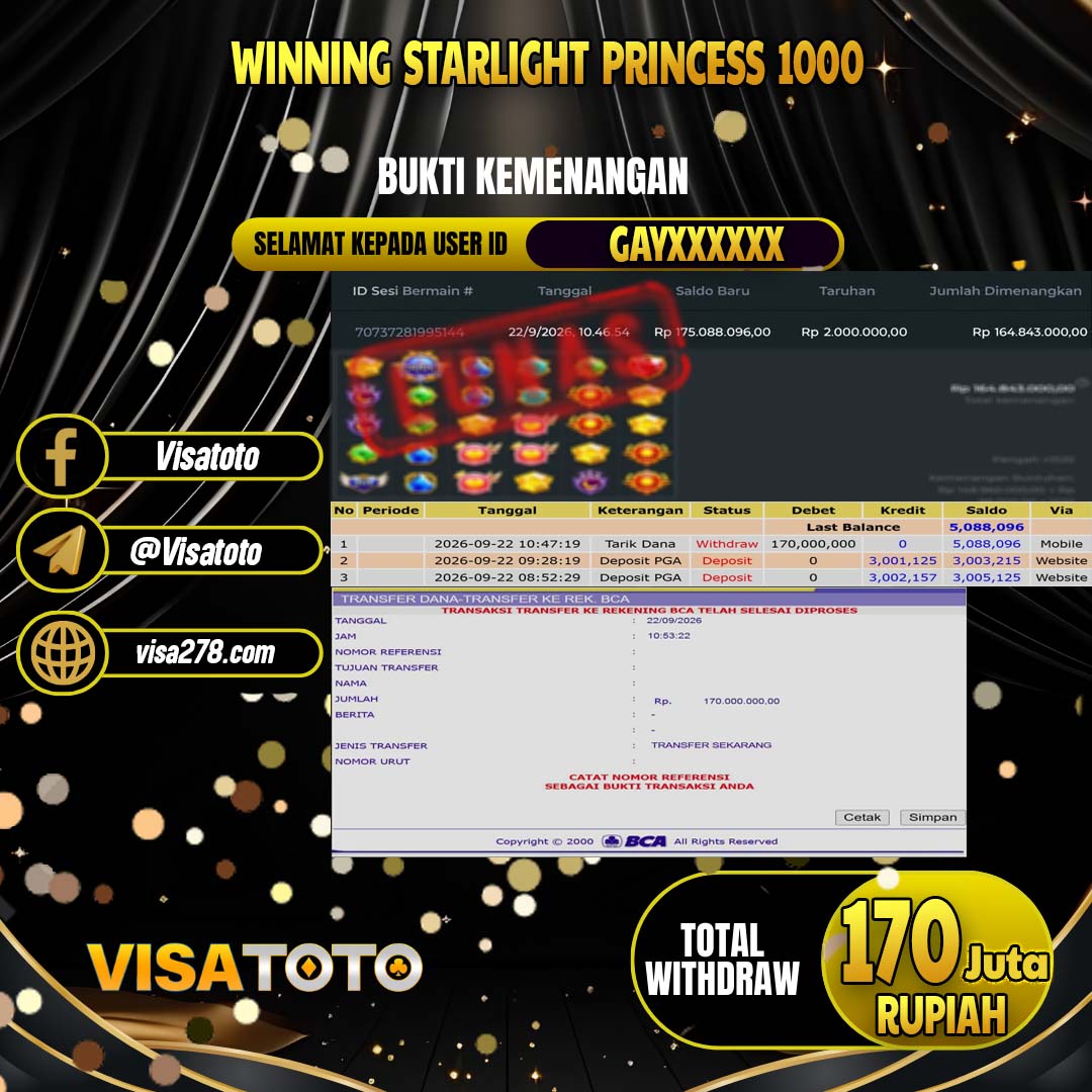 VISATOTO JACKPOT SLOT STARLIGHT PRINCESS 1000 RP.170.000.000, - LUNAS  USER  ID  GAY****