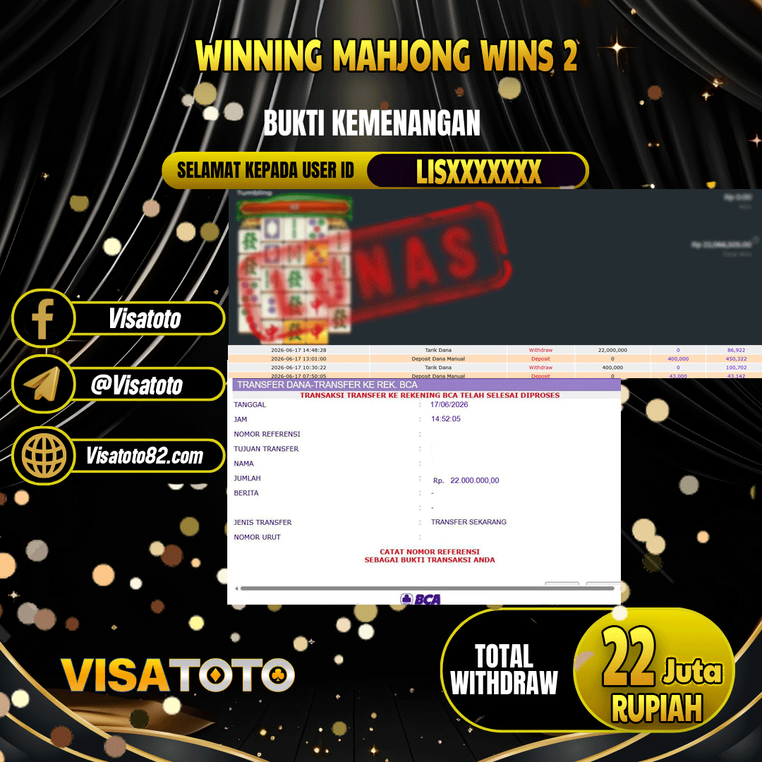 VISATOTO JACKPOT SLOT MAHJONG WINS 2 RP.22.000.000,- LUNAS USER ID LIS***