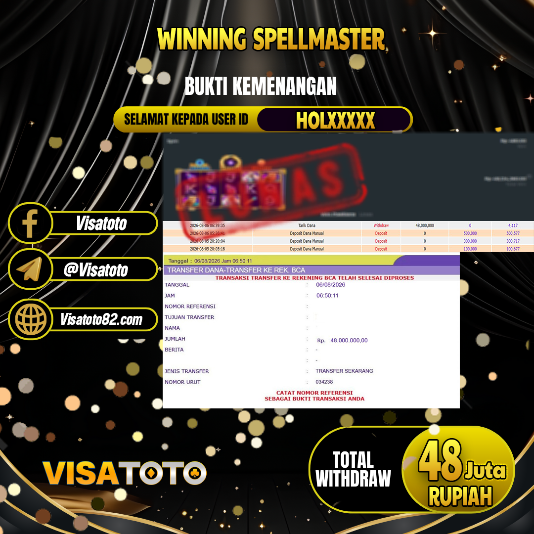 VISATOTO  JACKPOT SLOT SPELLMASTER RP.48.000.000, - LUNAS USER  ID HOL***