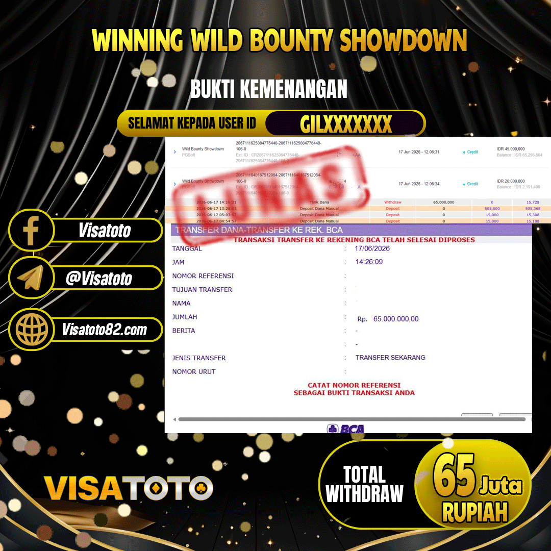 VISATOTO JACKPOT SLOT WILD BOUNTY SHOWDOWN RP.65.000.000,- LUNAS USER ID GIL***