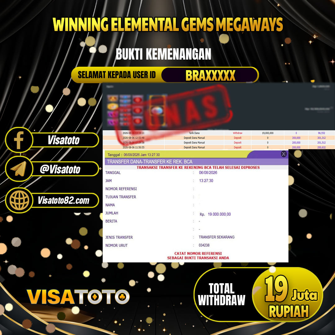 VISATOTO  JACKPOT SLOT ELEMENTAL GEMS MEGAWAYS RP.19.000.000, - LUNAS USER  ID BRA***