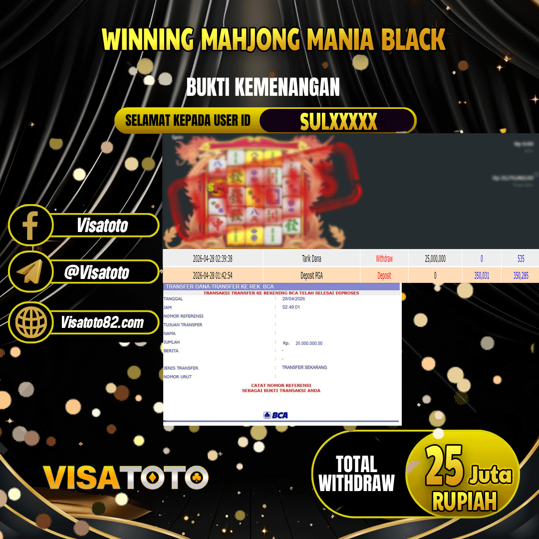 VISATOTO JACKPOT SLOT MAHJONG MANIA BLACK RP.25.000.000,- LUNAS USER ID SUL***