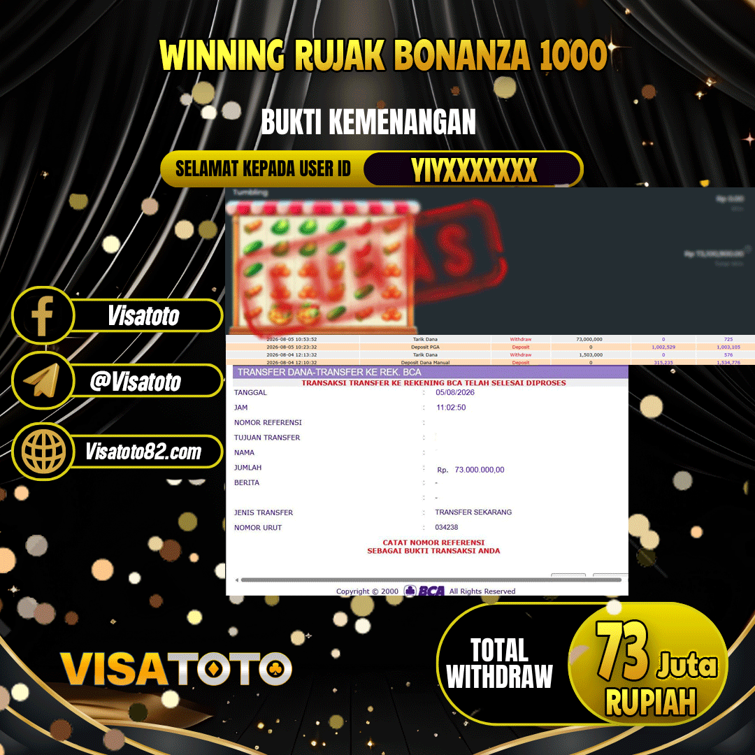 VISATOTO  JACKPOT SLOT RUJAK BONANZA 1000 RP.73.000.000, - LUNAS USER  ID YIY***