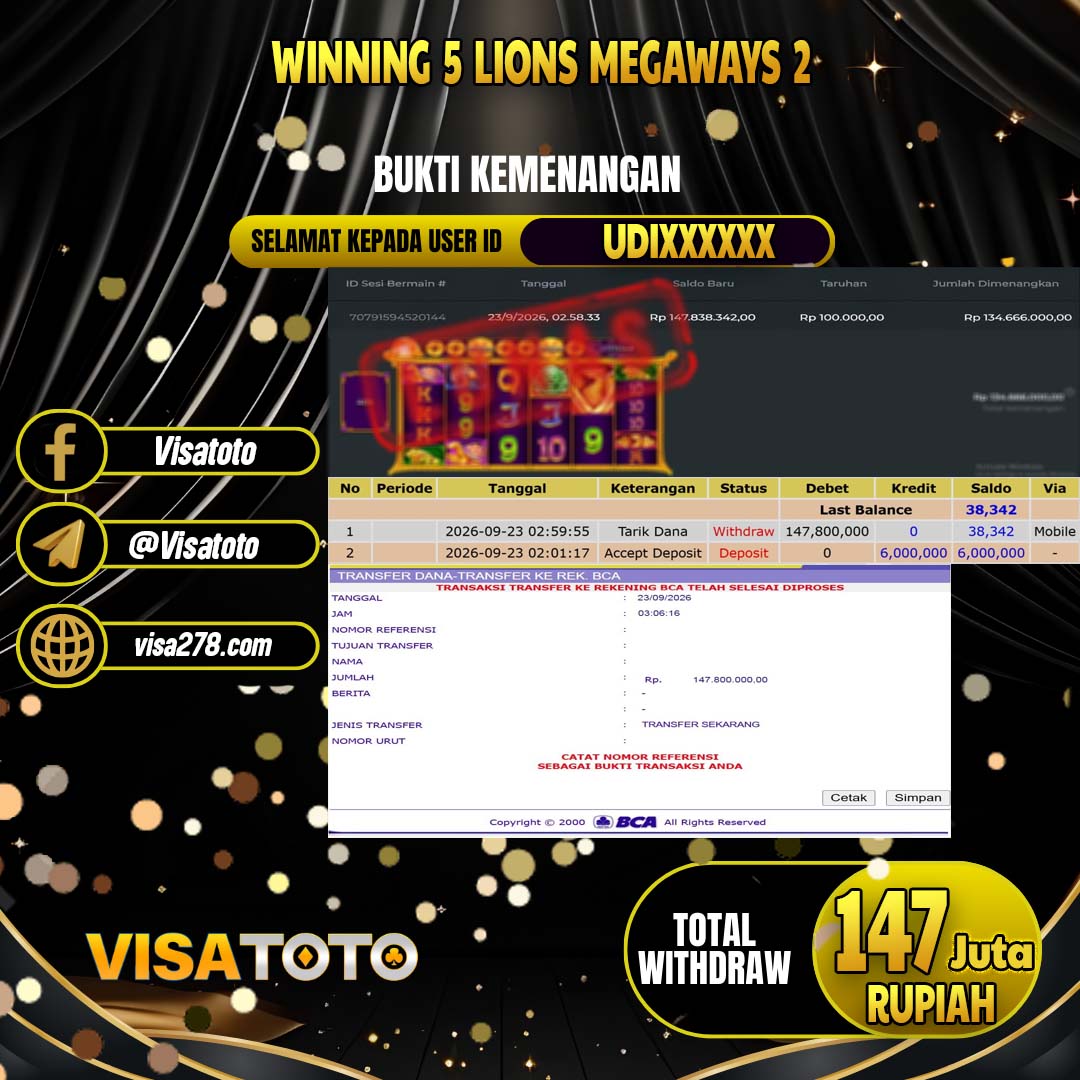 VISATOTO JACKPOT SLOT 5 LIONS MEGAWAYS 2 RP.147.000.000, - LUNAS  USER  ID  UDI****