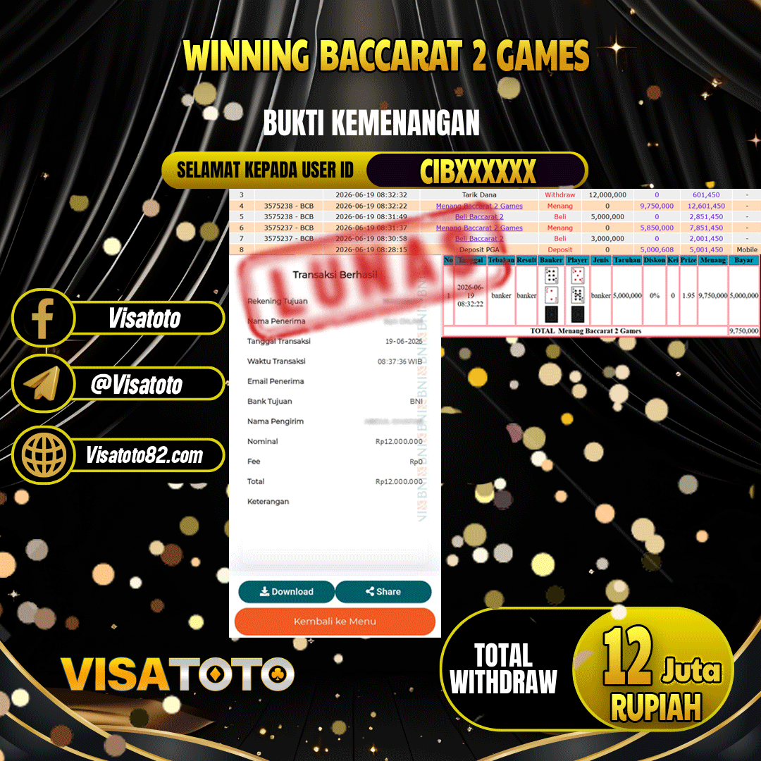 VISATOTO JACKPOT LIVE GAME BACCARAT 2 GAMES RP.12.000.000,- LUNAS USER ID CIB***