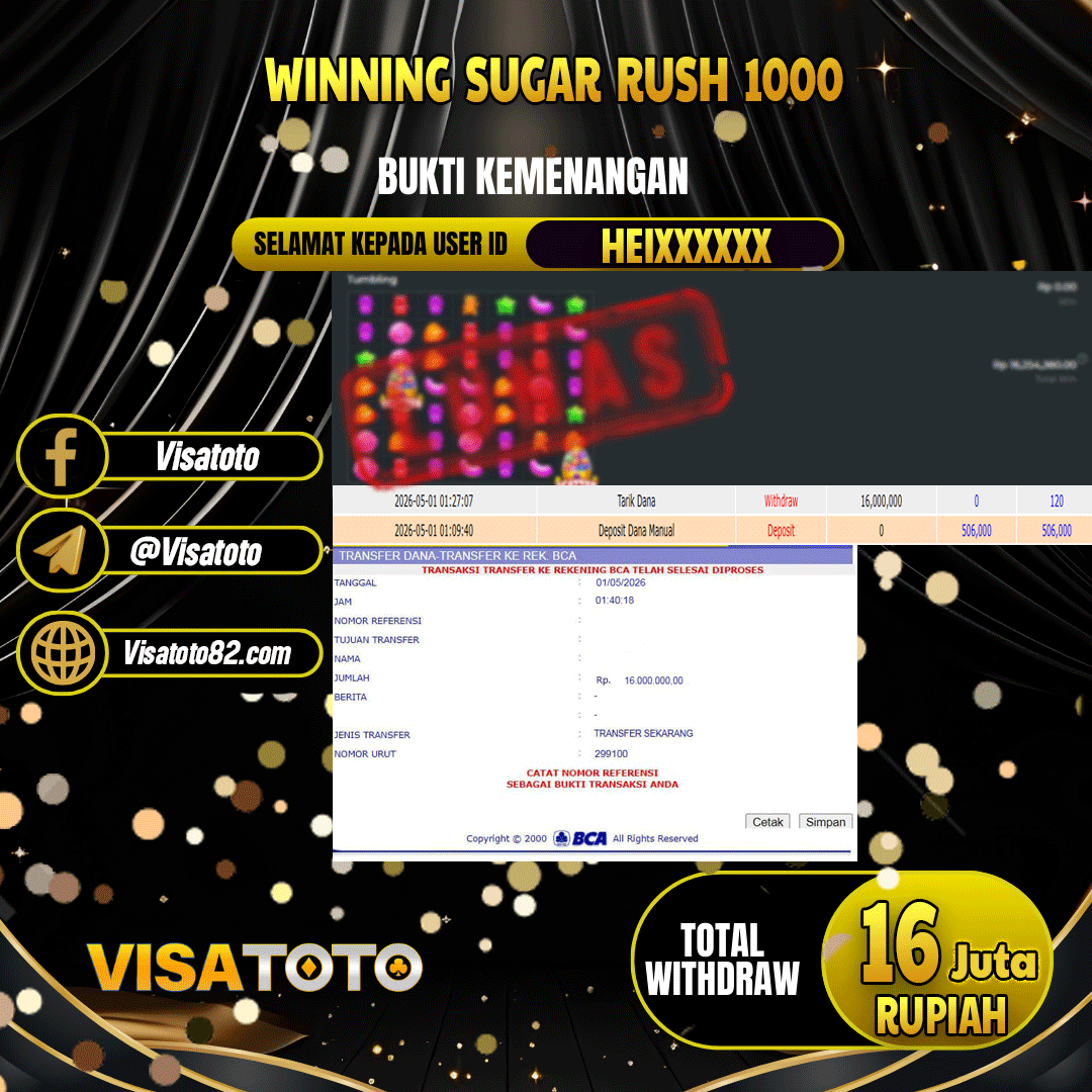VISATOTO JACKPOT SLOT SUGAR RUSH 1000 RP.16.000.000,- LUNAS USER ID HEI***