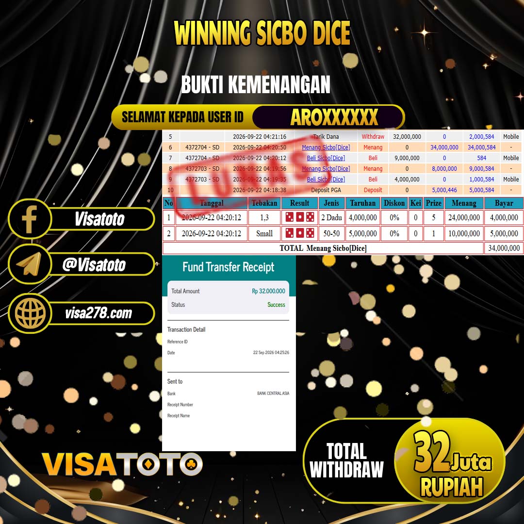 VISATOTO JACKPOT LIVE GAMES SICBO DICE RP.32.000.000, - LUNAS  USER  ID  ARO****